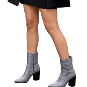 Jeffrey Campbell Glen Plaid Ankle Boot Womens 7.5 Pointed Toe Block Heel Booties